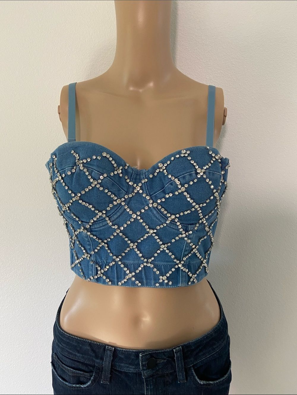 VTG Papaya Denim rhinestone Lattice Bustier Crop Top Sz L